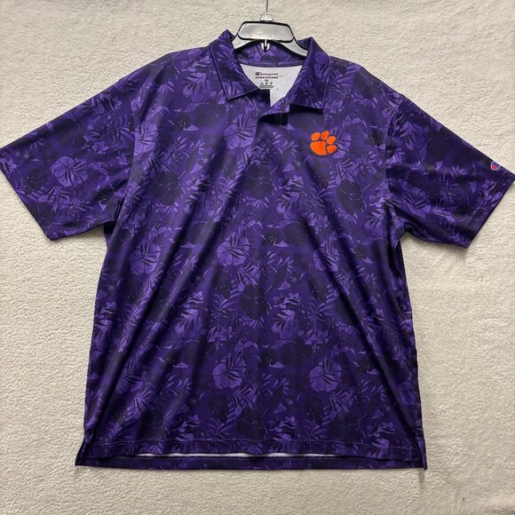 Clemson Polo Champions Mens 2XL Purple Floral Hawaiian Print Wicking Activewear - Picture 1 of 6